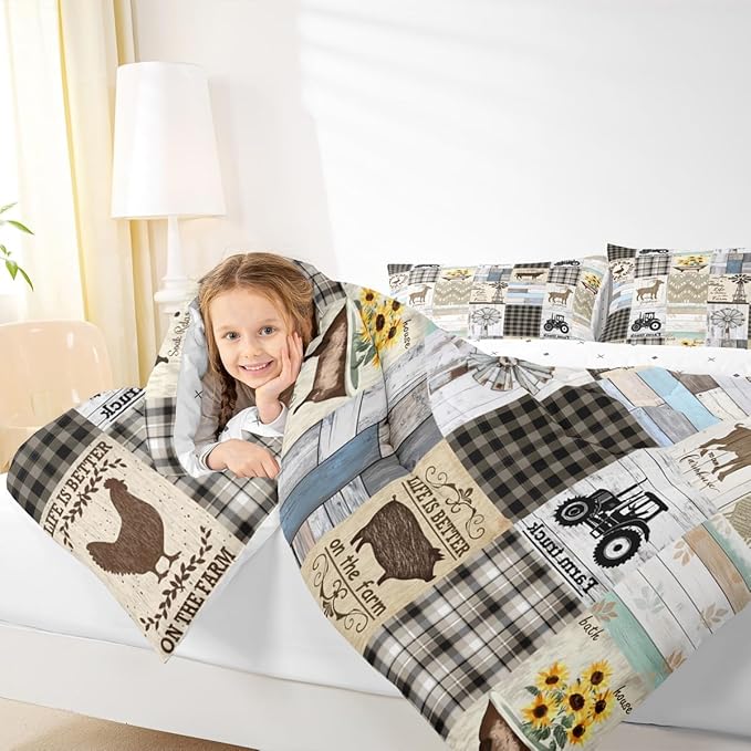 Patchwork Western Rustic Full Bedding Set Farmhouse Black White Buffalo Plaid Bedding Comforter Sets Retro Country Farm Animal Quilt Set For Kids Boys Girls,Windmill Pig Chicken Cow Comforter 3 Pcs