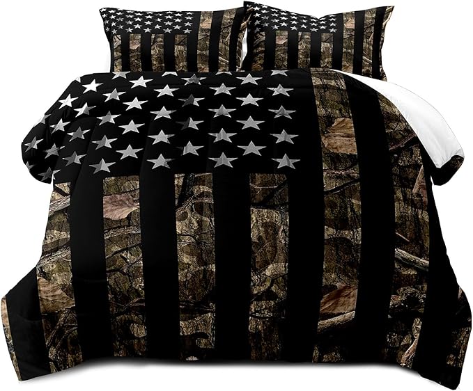 LUVIVIHOME 2PCS Camo Comforter Set Twin Size, Rustic Bedding, Black American Flag Bed Set, Country Farmhouse Hunting Bedroom Decor for Men Boys, Soft Microfiber Quilt, 1 Pillow Sham
