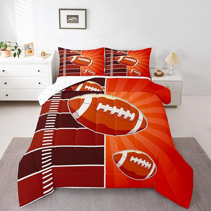 Feelyou Rugby Comforter Set Toddler Size Sports Themed Comforter for Boys Girls Teens Football Bedding Set Gift for Football Lover Duvet Set Orange and Brown Quilt Set