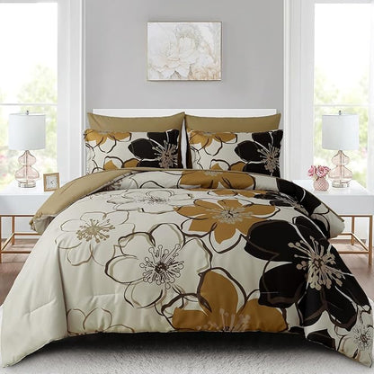 Anibedding 7 Pieces Floral Comforter Set King Size, Brown Black Flower Bedding Set Botanical Bed in a Bag Soft Microfiber Comforter Set with Sheets for All Season