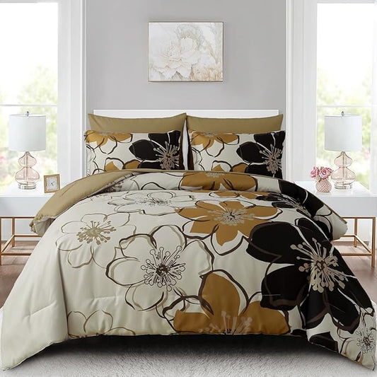 Anibedding 7 Pieces Floral Comforter Set King Size, Brown Black Flower Bedding Set Botanical Bed in a Bag Soft Microfiber Comforter Set with Sheets for All Season