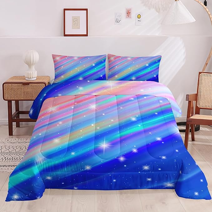 Pink Rainbow Gradient Star Comforter Set Queen Size,Colorful Bedding Set for Boys Girls Teens,Tie Dye Pastel 3 Pieces Duvet Sweet Bedroom Decor