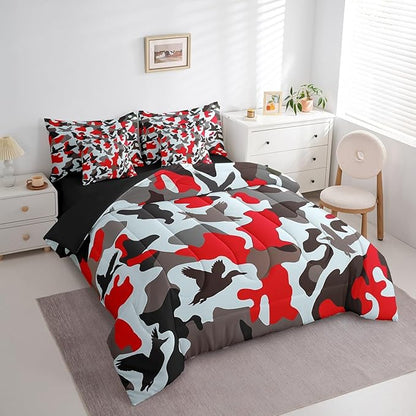 Erosebridal Farmhouse 7 Pcs Bed Set Twin Size Camo Bedding for Kids Army Camouflage Hunting Bed in A Bag Sheet Set Vintage Red Grey Bedroom Decor Wild Animal Duck Rustic Comforter Set