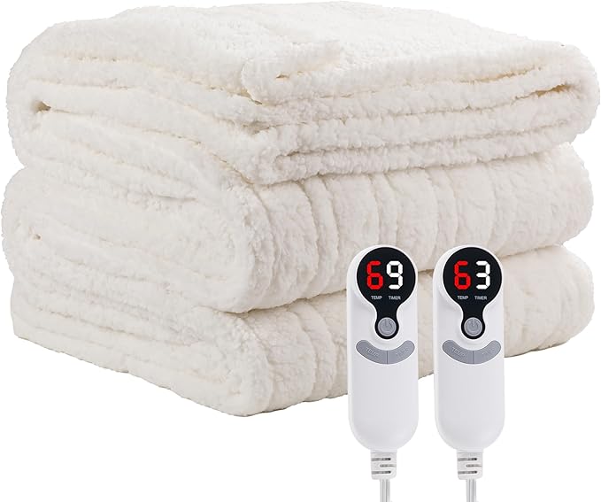 Electric Heated Blanket Queen Size 84"×90" Dual Control, 9 Heating Settings & 1-10Hs Auto Off, Overheat Protect, Double-Sided Plush Sherpa, for Couch & Bed, Machine Washable White