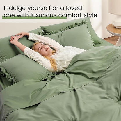 QUIETSEA Full Bed in a Bag 7 Pieces Full Size Comforter Set, Ruffle Shabby Chic Bedding Comforter Set Green Bed Set with Comforter, Pillowcases, Flat Sheet, Fitted Sheet and Pillow Shams