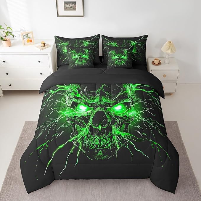 Erosebridal Gothic Bed in a Bag Queen Comforter Set 7 Piece,Sugar Skull Spooky Bone Goth Bedding Set,Green Lightning Comforter and Sheet Set,Exotic Halloween Skeleton Decorations