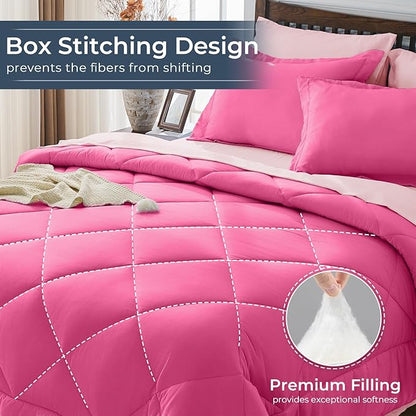 HEVUMYI Hot Pink & Baby Pink Full Comforter Set - 7-Piece All Season Bed in a Bag Full, Ultra Soft Bedding Set with Comforter, Flat Sheet, Fitted Sheet, Pillowcases, Pillow Shams