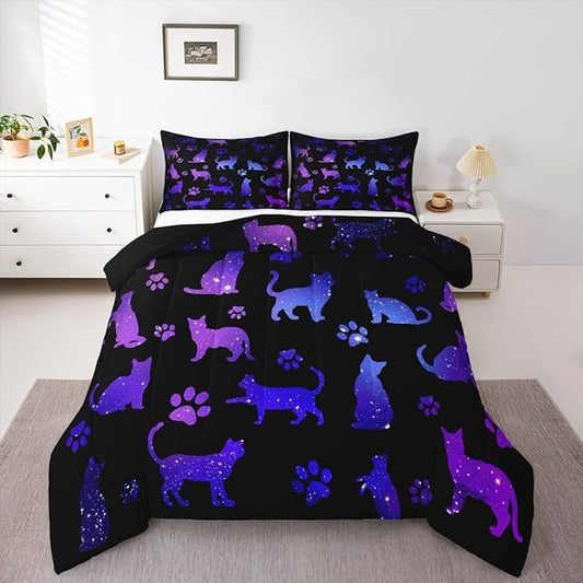 Erosebridal Cat Comforter Set King Cat Lovers Bedding Set Cats Cartoon Silhouette Purple Blue Reversible Black Ombre Down Comforter Neon Animal Paw Print Galaxy Slitter Stars Quilt Set For Kids