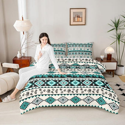 Southwest Tribal Style Bear Wild Animals Comforter/Duvet Set King Size,Green Aztec Pattern Ultra Soft Bed Collection,Ethnic Geometric Stripes Bedding for Room Decor 3 Pcs,Microfiber Breathable