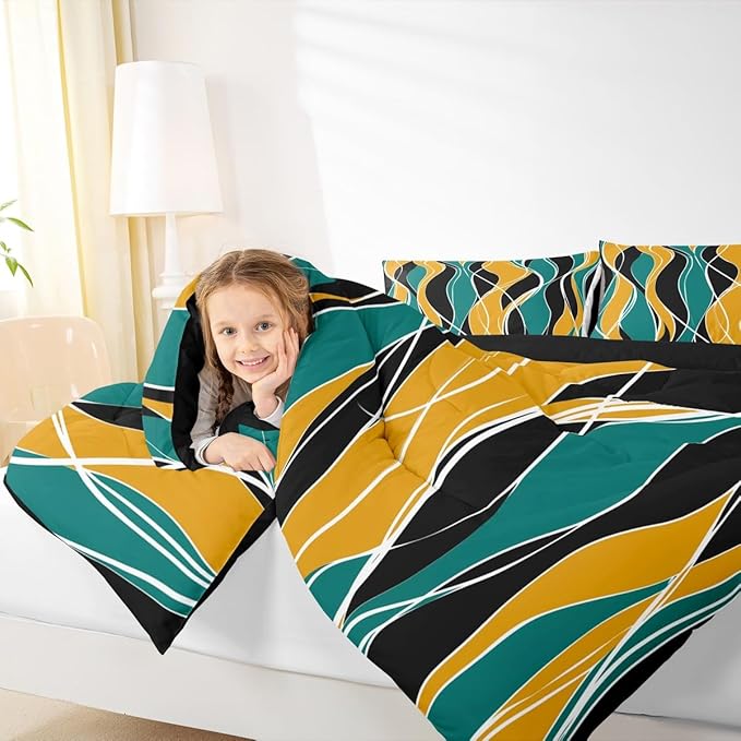 Erosebridal Geometric Bedding Set Queen Rainbow Stripe Comforter Set for Men Women, Black and White Bedding Comforter Sets Orange Turquoise Duvet Sets, Modern Abstract Quilted Comforter Cozy Soft 3pcs