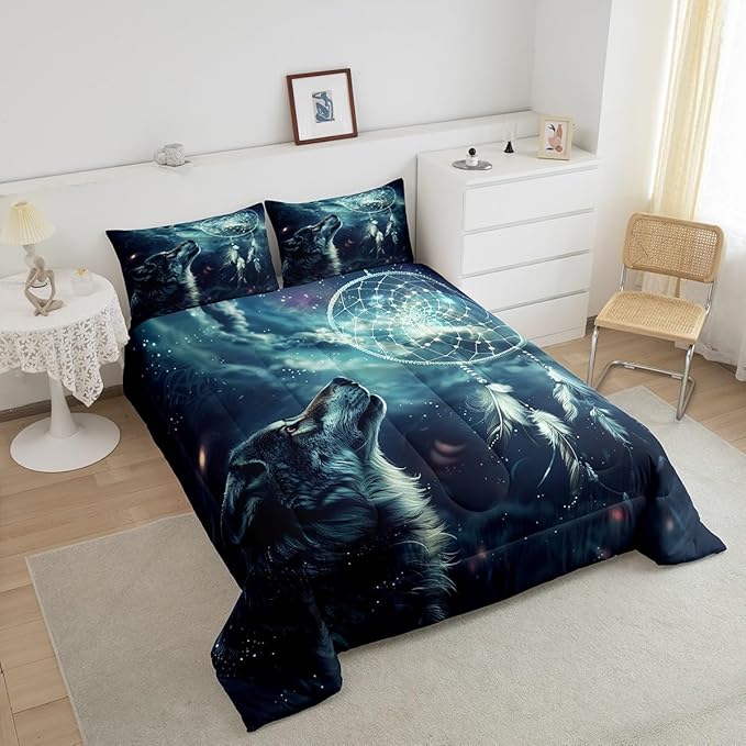 Erosebridal Hunting Wolf Toddler Bedding Set,Dream Catcher Wolf Comforter Set for Kids Boys Girls Room Decor,Wild Animal Safari Bed Set Boho Exotic Ethnic Bedding Comforter Sets,1 Pillowcase