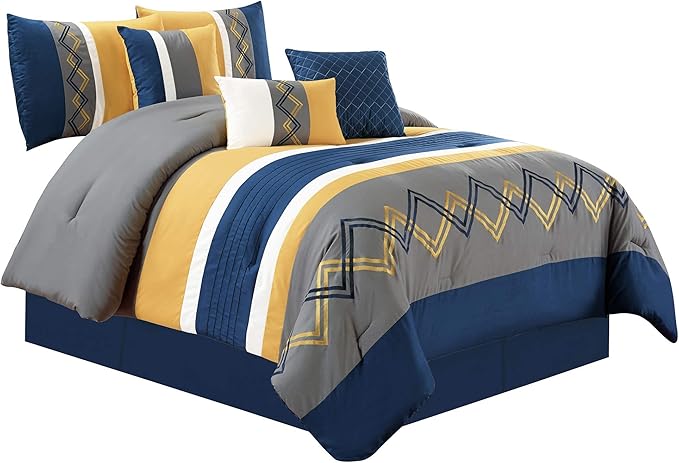 Chezmoi Collection Arden 7-Piece Modern Pleated Stripe Embroidered Zigzag Bedding Comforter Set (Queen, Navy/Gray/Yellow/White)
