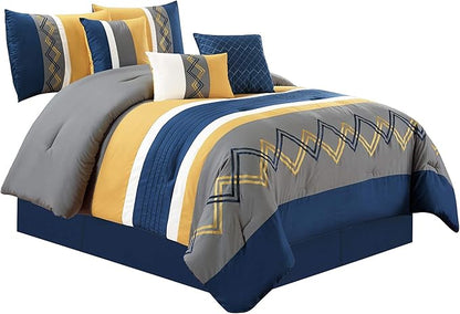 Chezmoi Collection Arden 7-Piece Modern Pleated Stripe Embroidered Zigzag Bedding Comforter Set (California King, Navy/Gray/Yellow/White)