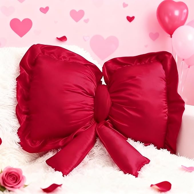 Red Bow Throw Pillow Large Decorative Soft Pillow 18 Inch x 16 Inch Coquette Room Decor Soft Bowknot Decorations for Galentine's Day Valentines Cushion Bed Sofa Couch Home Decorations
