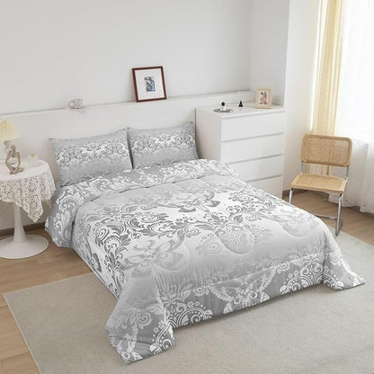 Feelyou Adults Silver Vintage Damask Floral Comforter Set Oriental Antique Comforter Queen Size Gothic Bohemia Boho Flower Bedding Set Gothic Skull Duvet Set Quilt Set 3Pcs