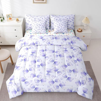 Feelyou Purple Bow Comforter Set with Sheets Full Size Kids Bowknot 7 Pieces Bedding Set for Boys Girls Teens Gift for Girls Women Bed in a Bag Breathable Princess Décor Bed Set