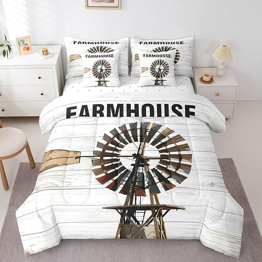 Erosebridal Farmhouse Comforter Set Bed in a Bag Full Size Rustic Windmill Comforter Set with Wooden Style Sheets(1 Comforter, 1 Flat Sheet, 2 Pillowcases, 2 Throw Pillow Covers)