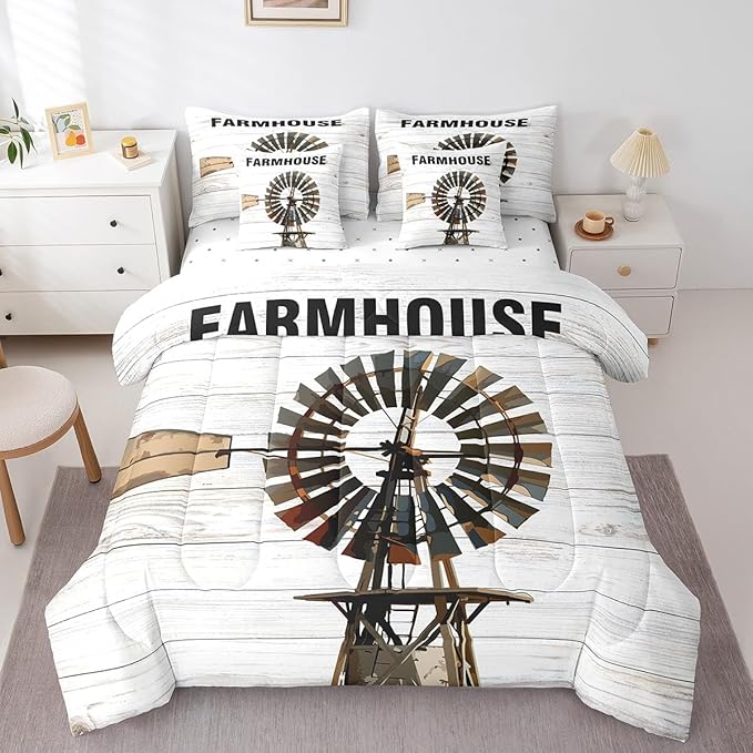 Erosebridal Farmhouse Decor Comforter Set Bed in a Bag King Size Rustic Windmill Comforter Set with Wooden Style Sheets (1 Comforter, 2 Pillowcases, 2 Throw Pillow Covers)