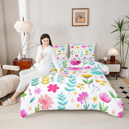 Manfei Watercolor Floral Comforter Set Queen Size,Botanical Flower Leaves Bedding Set 3pcs,Cartoon Cute Blossom Down Comforter for All Season,Kids Boys Girls Room Decor,2 Pillowcases,No Sheets