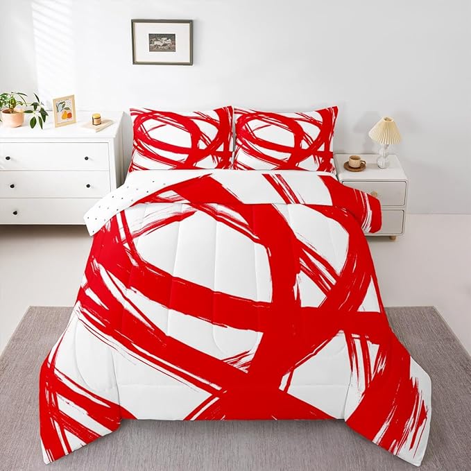 Red and White Abstarct Comforter Set Twin Size for Kids Boys Girs,Graffiti Stripes Lines Bedding Set,Aesthetic Geometric Duvet Insert for Minimalists,Contemporary Boho Modern Art Quilt
