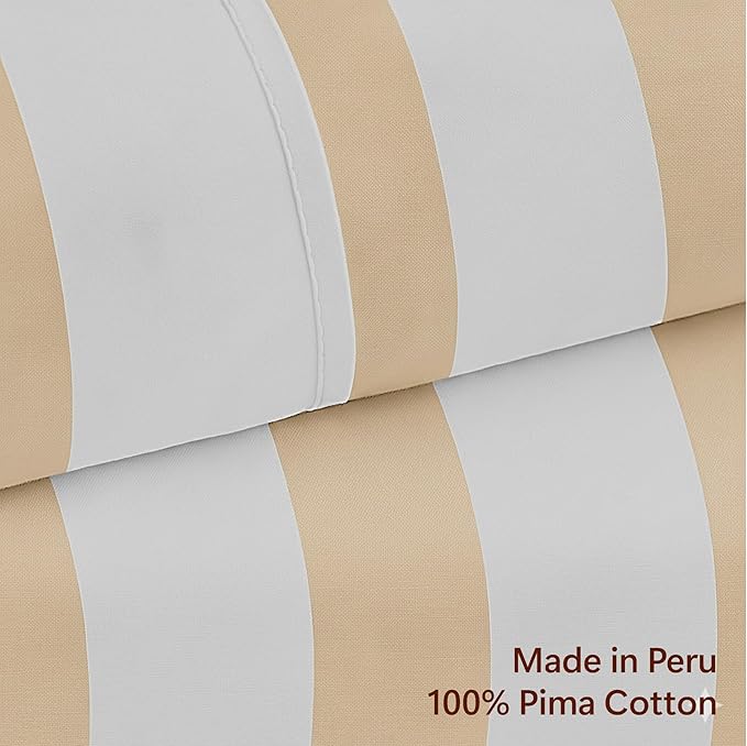 Peru Pima 415 Thread Count Percal King Sheet Set - 100% Peruvian Pima Cotton, 4 Piece (Flat, Fitted, 2 Pillowcases) - Cooling, Crisp, Deep Pocket, Hotel Quality Bedding - Bold Stripe Latte