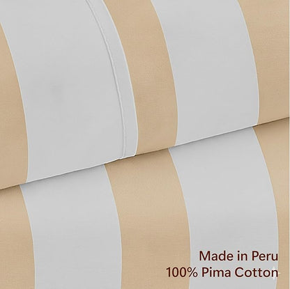 Peru Pima 415 Thread Count Percal King Sheet Set - 100% Peruvian Pima Cotton, 4 Piece (Flat, Fitted, 2 Pillowcases) - Cooling, Crisp, Deep Pocket, Hotel Quality Bedding - Bold Stripe Latte