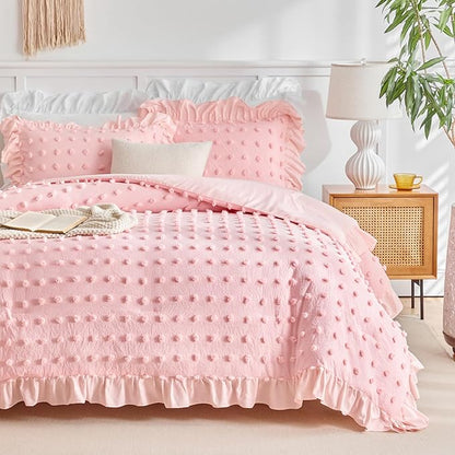 Tufted Dots Ruffle Comforter Set Full/Queen Size, 3 Pieces Pink Vintage Farmhouse Shabby Chic Comforters, Jacquard Boho Bohemian Bedding Set for All Season (1 Ruffled Comforter+ 2 Pillow Shams)