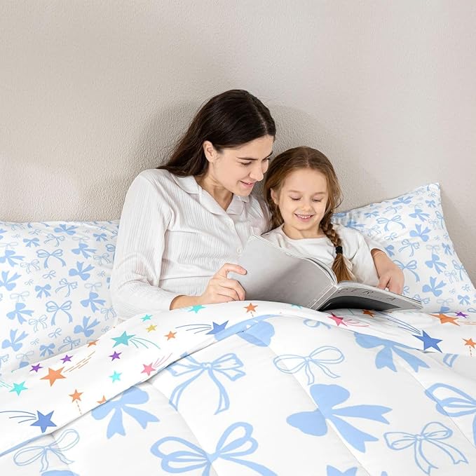 Erosebridal Cute Blue Bow Bedding Set King Size,Dreamy Princess Style Bowknot Comforter Set for Girls Kids Teen,Cute Kawaii Bow Bedding Comforter Sets Girly Coquette Blue Butterfly Knot Quilt