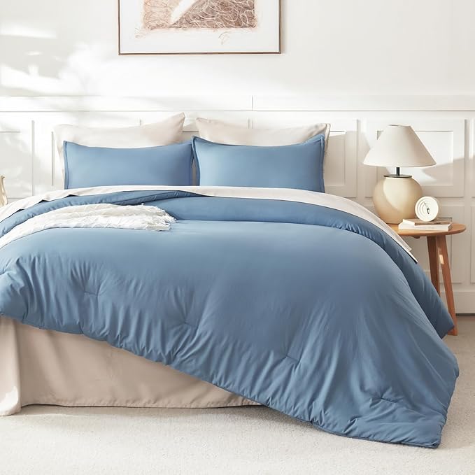 Litanika Oversized King Comforter Set Grayish Blue Super King Plus Size, 3 Pieces Lightweight Solid Bedding Comforter Set, All Season Fluffy Bed Set (128x120In Comforter & 2 Pillowcases)