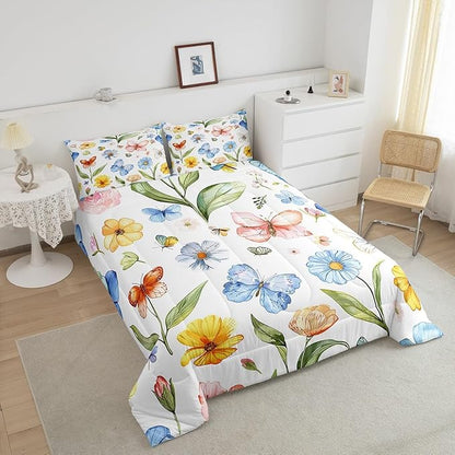 Manfei Botanical Comforter Set King Size, Watercolor Flower Butterfly Quilt Set with 2 Pillowcases, Plants Floral Bedding Set 3pcs for Kids Boys Girls Room Decor Lightweight Duvet Insert