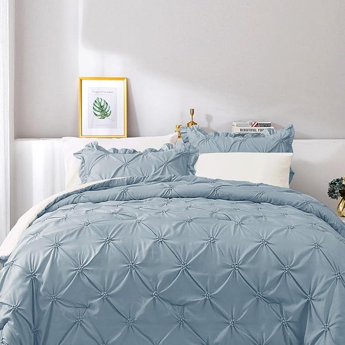 JOLLYVOGUE King Size Comforter Set 7 Pieces, Light Blue/Ivory Bed in a Bag Comforter Set for Bedroom, Beddding Sets with Comforter, Sheets,Ruffled Shams & Pillowcases