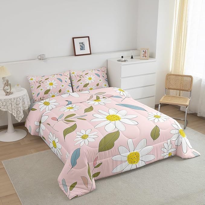 Manfei White Daisy Comforter Set Twin Size, Flower Leaves Bedding Set 2pcs for Kids Boys Girls Bedroom Decor, Botanical Floral Print Quilt Set Soft Polyester Duvet Set with 1 Pillowcase