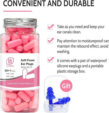 LYSIAN Ultra Soft Foam Ear Plugs for Sleep Noise Reduction -38dB Noise Cancelling Earplugs for Sleeping, Snoring, Shooting, Travel, Women-60 Pairs-Pink Color
