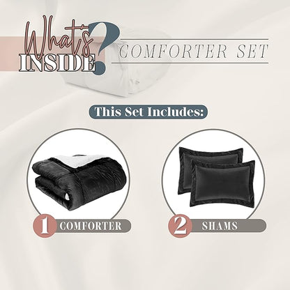 Elegant Comfort Super Soft Sherpa Comforter 3-Piece Set Premium Quality, Heavy Weight Reversible Down Alternative Micro-Suede, Sherpa Comforter, Cal King, Black Satin
