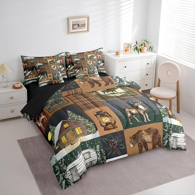 Erosebridal Hunting Bear 7 Piece Comforter Set King Rustic Farmhouse Bedding Sets for Kids Teens Cabin Decor Vintage Barn Woodland Animals Moose Sheet Set Retro Buffalo Plaid Camper Quilt Brown