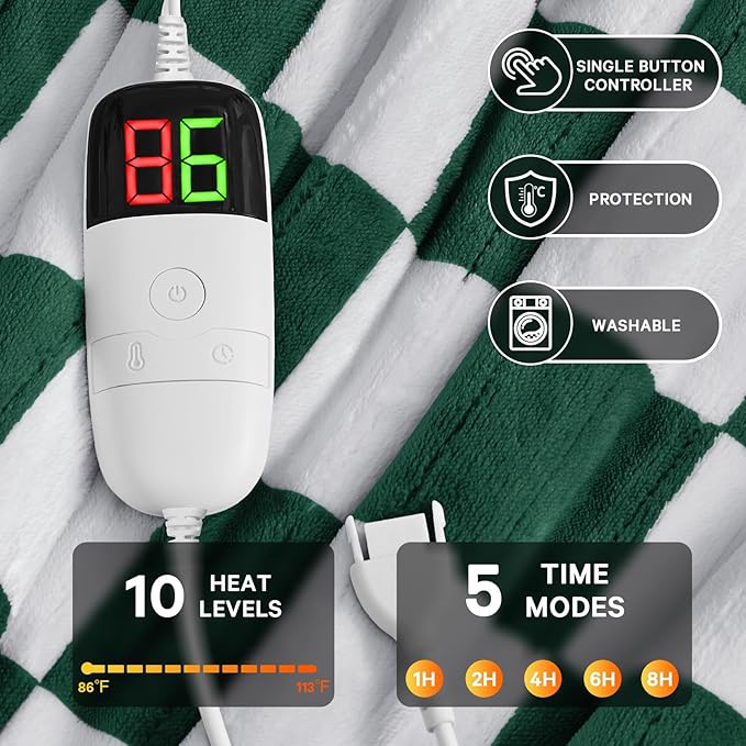 Heated Electric Blanket Throw, 50X60 Heating Blanket with 10 Heat Level & 8 Hours Auto Off for Lap, Dark Green Checkered Plaid Soft Sherpa Blankets Warmer Gifts for Couch Grandma Women Adults