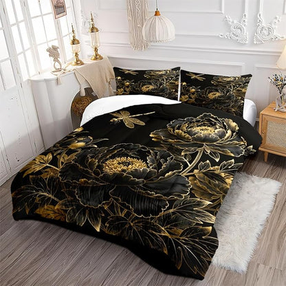 Black Floral Comforter Set Queen 3 Pieces Elegant Flower Printed Bedding Set Soft Microfiber Down Alternative Comforter with 2 Pillowcases