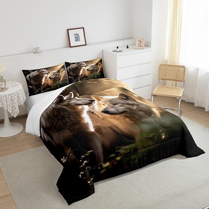 Erosebridal Wolf Full Bedding Set,Hunting Wolf Comforter Set for Kids Adults Bedroom Decor,Wildlife Animal Safari Quilt Set Ethnic Tribal Bedding Comforter Sets,2 Pillowcases
