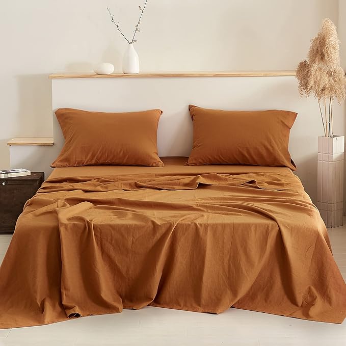 Simple&Opulence Belgian Linen Sheet Set Solid Color -Sheet Set 4PC - Cal King Natural Flax Cotton Blend Soft Breathable Farmhouse Bedding - California King, Rust
