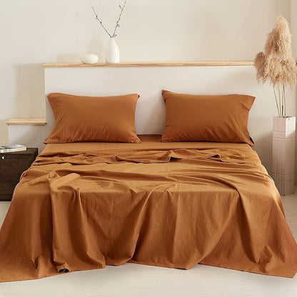 Simple&Opulence Belgian Linen Sheet Set Solid Color -Sheet Set 4PC - Cal King Natural Flax Cotton Blend Soft Breathable Farmhouse Bedding - California King, Rust