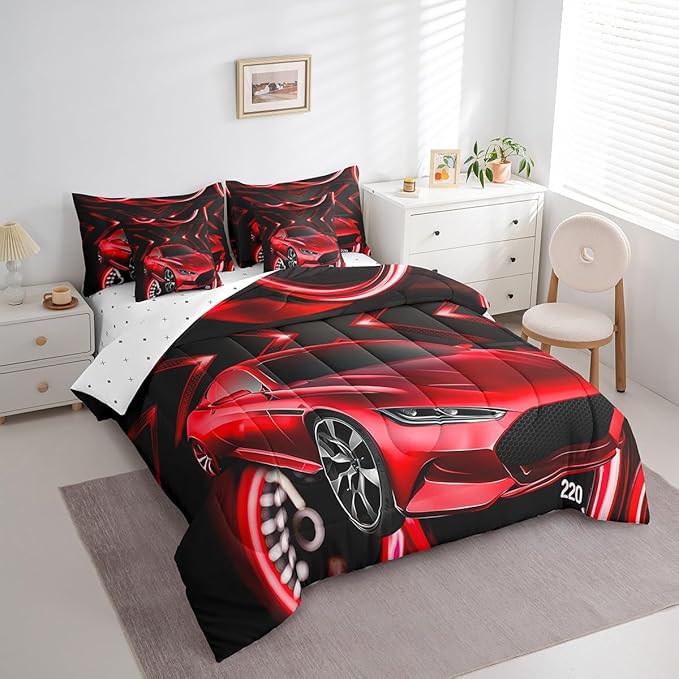 Erosebridal Red Racing Car 7 Piece Comforter Set,Sports Car Theme Bed in a Bag with Flat Sheet and Fitted Sheet,Extreme Sport Down Comforter,Speed Automobile Bedding Set with Pillowcase & Sham,Twin