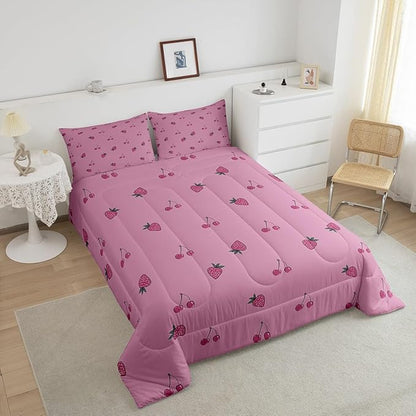 Kids Kawaii Bedding Set Queen Size Cute Strawberry Comforter Set Girls Down Comforter Room Decor Cartoon Fruit Quilt Set Girly Strawberry Cherry Duvet Set Lovely Pink White With 2 Pillowcases