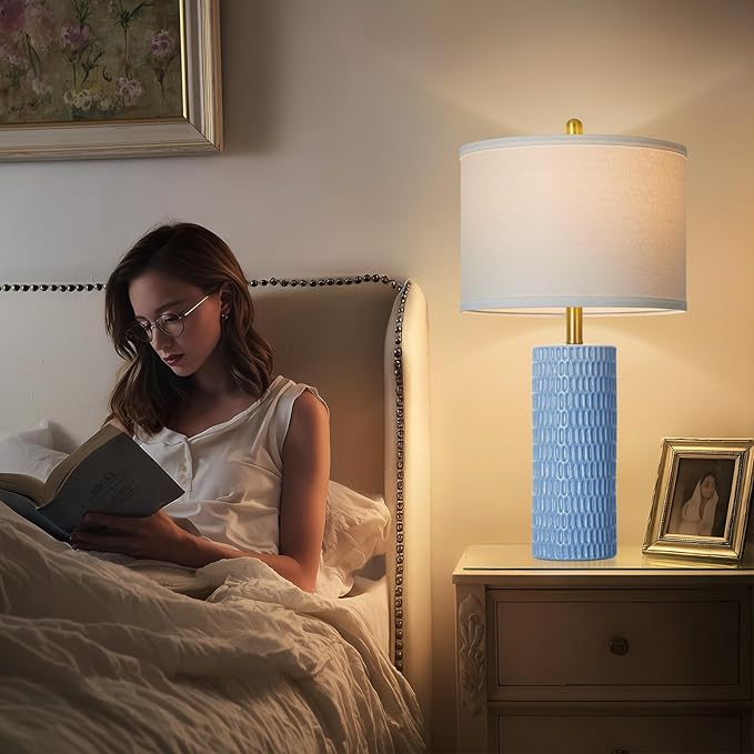 27" Blue Ceramic Lamps Set of 2, Coastal Ceramic Table Lamps for Living Room with Rotary Switch, Classic Bedside Lamp for Nightstand, Tall Lamps for Bedroom Side End Table Home Decor