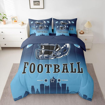 Erosebridal American Soccer Comforter Set with Sheets Football City Blue 7 Piece Bedding Set Twin for Kids Boys Girls Teen Room Decor,Sports Rugby Games Bed in A Bag Ball Sports Bed Set