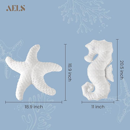 AELS Coastal Throw Pillows Set of 2, Starfish Seahors Pillows, Beach Ocean Nautical Themed Smooth Soft Minky Decorative Throw Pillows, Cute Pillow for Couch Sofa Bed Living Room Bedroom Nursery, White