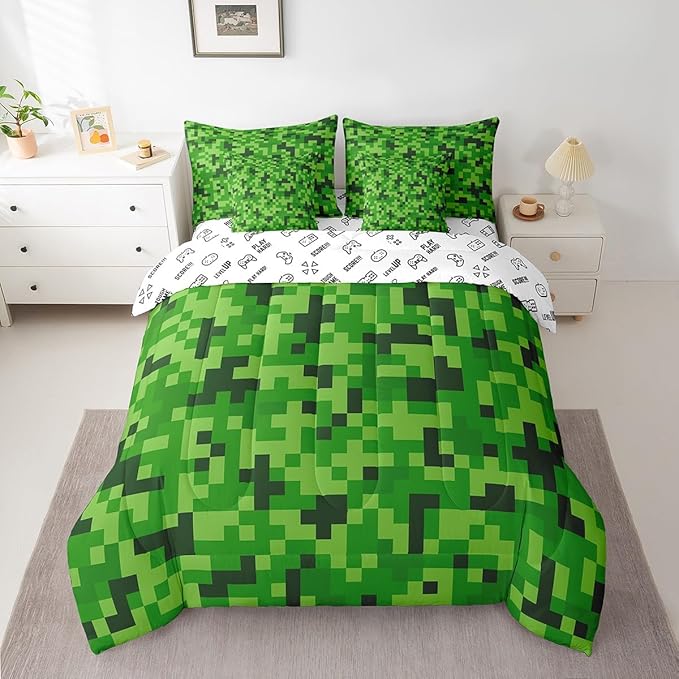 Castle Fairy Gamer 7Pcs Comforter Set Full Size,Video Games Bedding Set,Kids Boys Girls Teens Room Decor,Cartoon Gamepad Bed in a Bag Modern Geometric Check Flat Fitted Sheet,2 Pillowcases