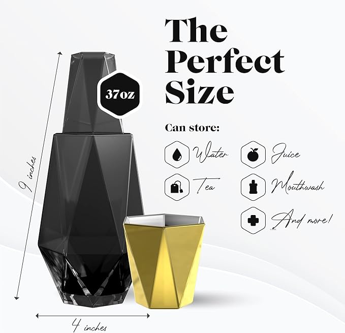 American Atelier 37 oz Modern Geometric Bedside Carafe & Cup Set – 9" Glass Carafe with Lid & Matching Cup, Angular Nightstand Drinkware for Water & Juice, Stylish Contemporary Design (Black/Gold)