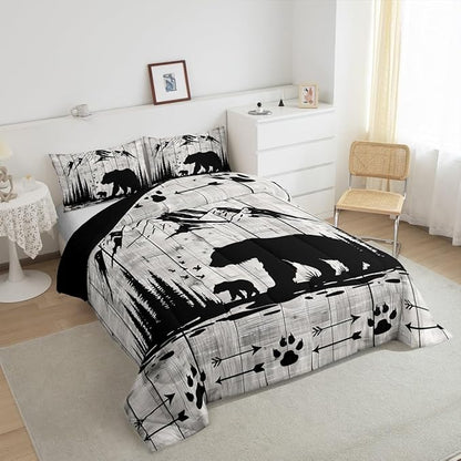 Feelyou Rustic Bear Comforter Set Twin Size, Wildlife Hunting Theme Quilt Set with 2 Pillowcases, Western Wild Animal Bedding Set 2pcs for Kids Boys Teens Room Decor, Wooden Board Duvet Insert
