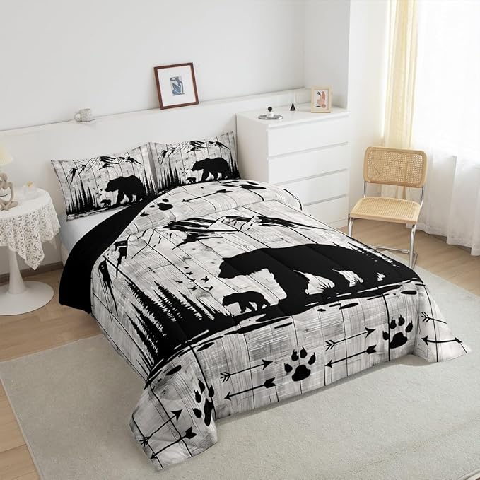 Feelyou Rustic Bear Comforter Set King Size, Wildlife Hunting Theme Quilt Set with 2 Pillowcases, Western Wild Animal Bedding Set 3Pcs for Kids Boys Teens Room Decor, Wooden Board Duvet Insert