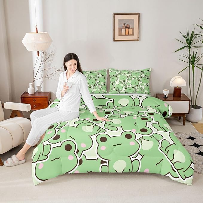 Frog Comforter Set Twin Size, Cartoon Frog Bedding Set For Kids Boys Girls Teens, Kawaii Green Wild Animals Down Comforter, Cute Wildlife Farmhouse Rustic Funny Quilt Set 1 Pillow Case Bedroom Decor